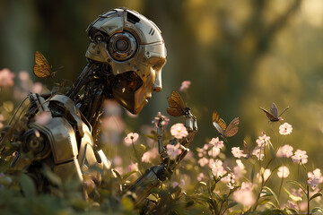 Robot exploring a lush meadow