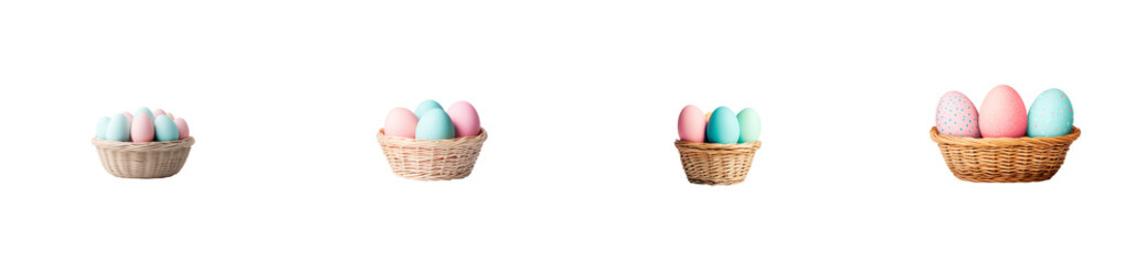 Naklejka premium Wicker baskets filled with pastel eggs for easter, cut out transparent