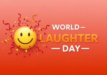 World laughter day celebration with smile face and colorful confetti on red background