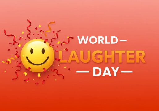 World laughter day celebration with smile face and colorful confetti on red background