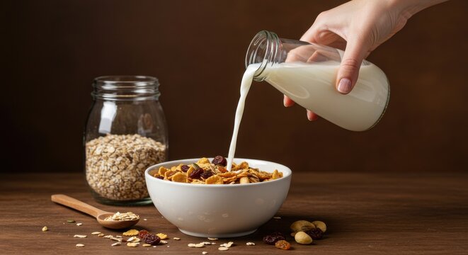 Pouring milk from a glass pitcher over cereal in a bowl with oats in a jar on a wooden surface area