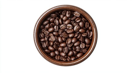 Fototapeta premium Top view of a coffee mug with latte art and scattered coffee beans, isolated on a white background