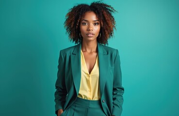 Fototapeta premium Young confident businesswoman in stylish suit. Attractive black woman posing, looking at camera. Brunette with curly hair wearing elegant green blazer, yellow shirt. Successful female entrepreneur.