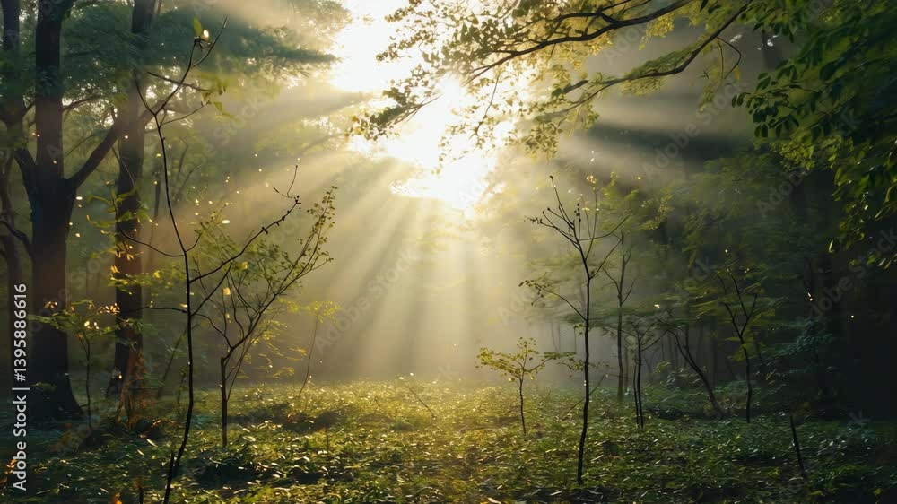 Poster sunlight filtering through trees in a serene forest during early morning hours