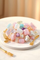 Pastel Gemstones on Elegant Plate. Delicate Crystal Jewelry Components. Beautiful and Refined Still Life