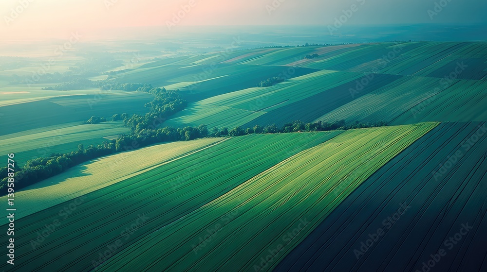 Poster aerial view captures geometric patterns of abstract fields showcasing varying crop textures and colo