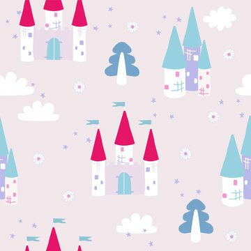 Seamless pattern with castles. Girlish cute print. Vector hand drawn illustration.
