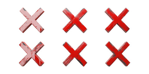 Fototapeta premium Pack Red X Mark Symbol Set in Different Poses Against Transparent Background for Warning Signs, UI Design, or Error Indicators