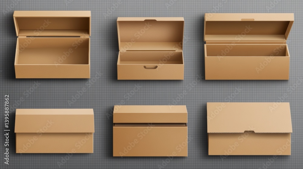 Poster six empty cardboard boxes in various open and closed positions, viewed from above on a gray backgrou