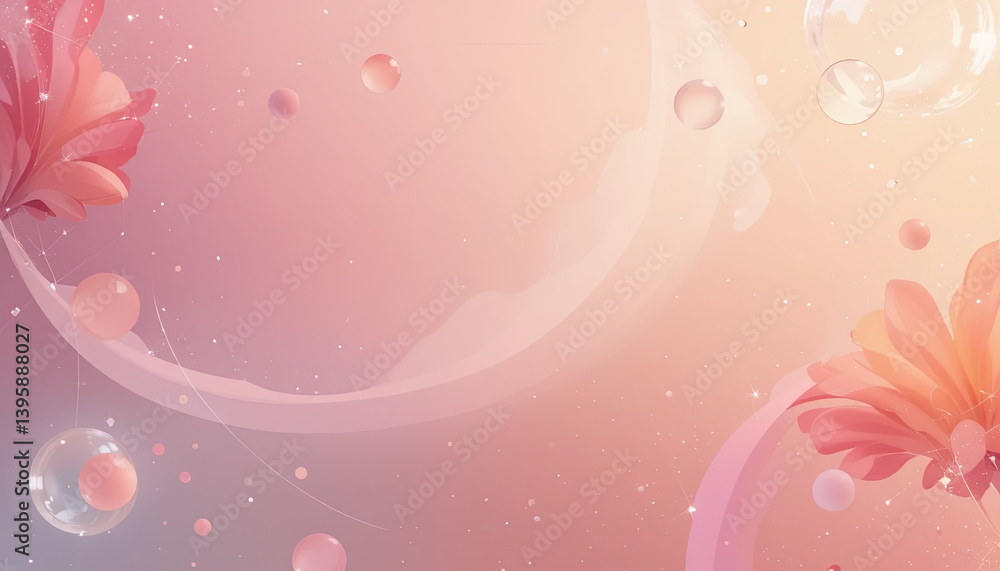 Poster a soft, elegant background featuring a flower with floating bubbles, delicate lines, and a gradient 
