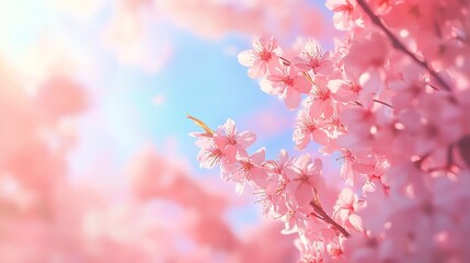 Close-up of blossoming cherry branches with soft focus, set against a light blue sky and bathed in sunlight.