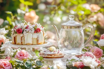 Lush Mother's Day breakfast with a floral adorned angel food cake and a crystal-clear coffee pot set amongst a garden of blooming roses.