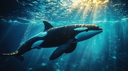 Obraz premium Orca Gliding Through Sunlight-Kissed Waters Underwater Scene Depiction