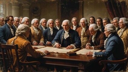 Gathered in a grand room, prominent figures of American history are engaged in debate and discussion over the Declaration of Independence, marking a significant moment in American history