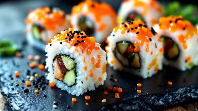 Fresh sushi maki rolls arranged on a dark slate plate, filled with salmon and cucumber, topped with bright fish roe and sesame seeds. Ideal for sushi bar menus or Asian cuisine blogs.