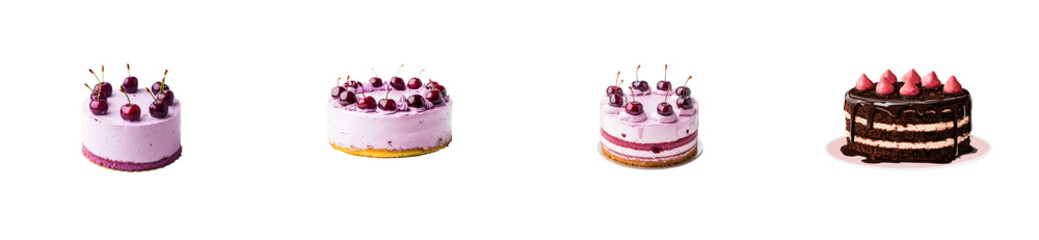 Array of four berry cakes, tasty and sweet dessert, cut out transparent