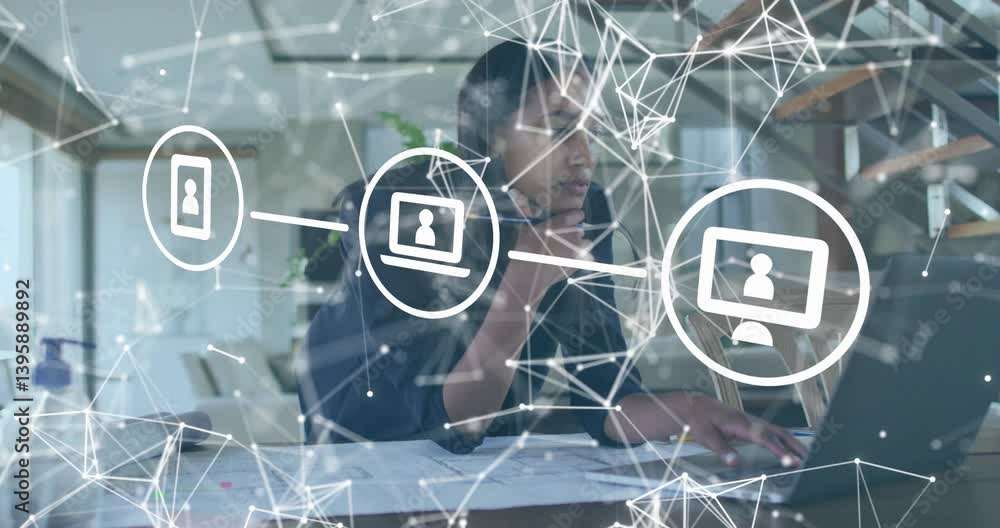 Poster network of connections and data processing animation over person working at desk