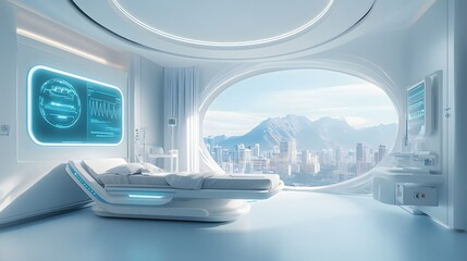 Futuristic Hospital Room: An ultra-modern hospital room, blending cutting-edge technology with a serene aesthetic, offering a unique view of the city, evoking innovation and comfort.