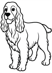 A black-and-white cartoon of a standing dog with long, wavy ears and a fluffy coat, looking forward with a happy expression, on a white background.