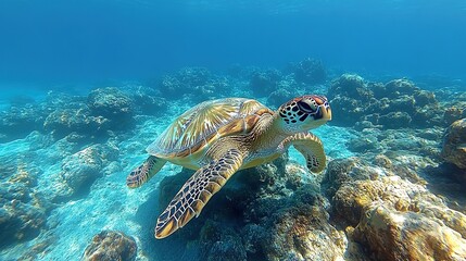 Majestic sea turtle gracefully gliding through tropical ocean currents