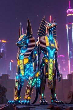 Two imposing, robotic figures resembling Anubis, adorned with glowing hieroglyphs, stand guard in a futuristic, neon-lit cityscape under a twilight sky. Their presence suggests a blend of ancient myth