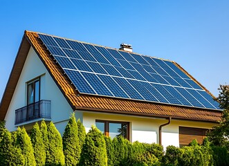 A modern house with solar panels on the roof, white walls, and black windows