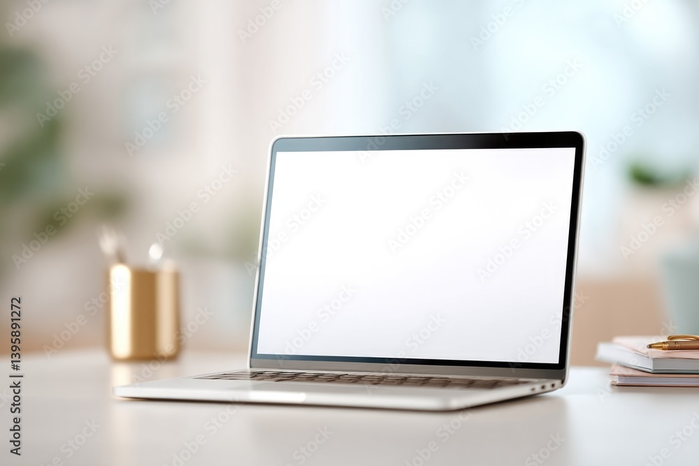 Poster open laptop with blank screen placed on clean desk minimalistic setting with ample copy space