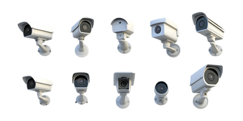 Pack Surveillance Camera Set in Different Poses on Transparent Background for Security, Technology, and Safety-Themed Designs