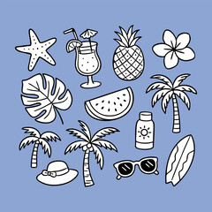 Set of hand drawn summer beach icons with tropical fruits drinks palm trees accessories and vacation elements in bold line style for stickers print web and kids design