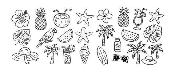 Set of hand drawn tropical summer doodle elements. Minimalist line art icons of palm trees, fruits, cocktails, flowers. Vacation design for print, packaging, invitation, coloring page