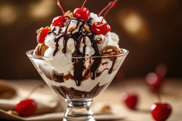 Delicious sundae in a glass with cherries and chocolate sauce on a wooden surface in a restaurant