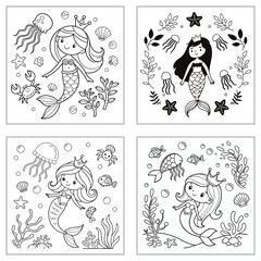 Cute mermaid coloring pages 4 set with underwater sea creatures and plants for kids' fun