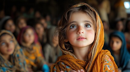 Child watching a local storyteller in an Indo Pak village using hand movements to interpret the story's meaning showcasing an advanced understanding of non verbal communication