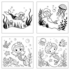 Printable mermaid coloring pages bundle with marine animals and sea life for children