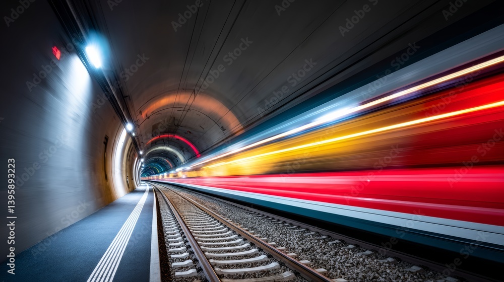 Poster train is traveling through a tunnel with a bright red light in the background. the train is moving q