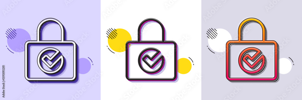 Poster lock with check line icon. halftone dotted pattern. gradient icon with grain shadow. private locker 