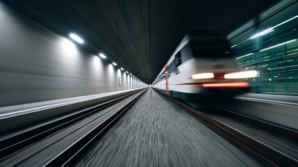 Train is speeding through a tunnel. The tunnel is dark and the train is the only thing visible