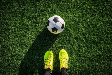 Soccer ball and feet with cleats on green grass field top down view.