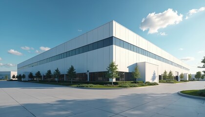 Modern logistics center building under blue sky. White industrial architecture, office entrance, company facade. Commercial building, transportation, warehouse, distribution, dealership, automotive,