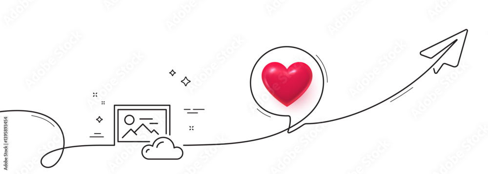 Poster photo cloud line icon. continuous line with share plane. images cloud data sign. picture placeholder