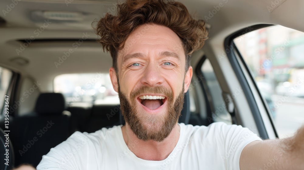 Poster man with a beard is smiling and laughing while driving a car. he is taking a selfie of himself