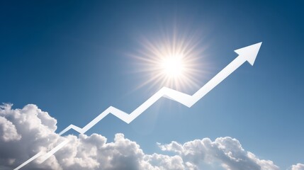 White arrow is pointing upwards in the sky, with a bright sun shining behind it. Concept of growth and progress
