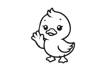 Cute cartoon baby duck waving hand icon silhouette on white background. (01)