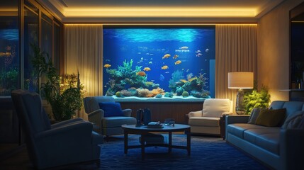 An elegant living space with an immersive aquarium display inside