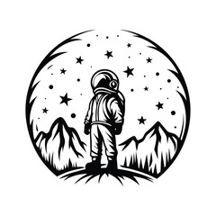 Spaceman Silhouette Standing Figure, Mountains, Stars, Outer Space Concept Art