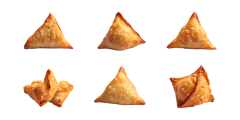 Pack Samosas Set in Different Poses Against Transparent Background for Indian Cuisine, Street Food Branding, or Culinary Graphics