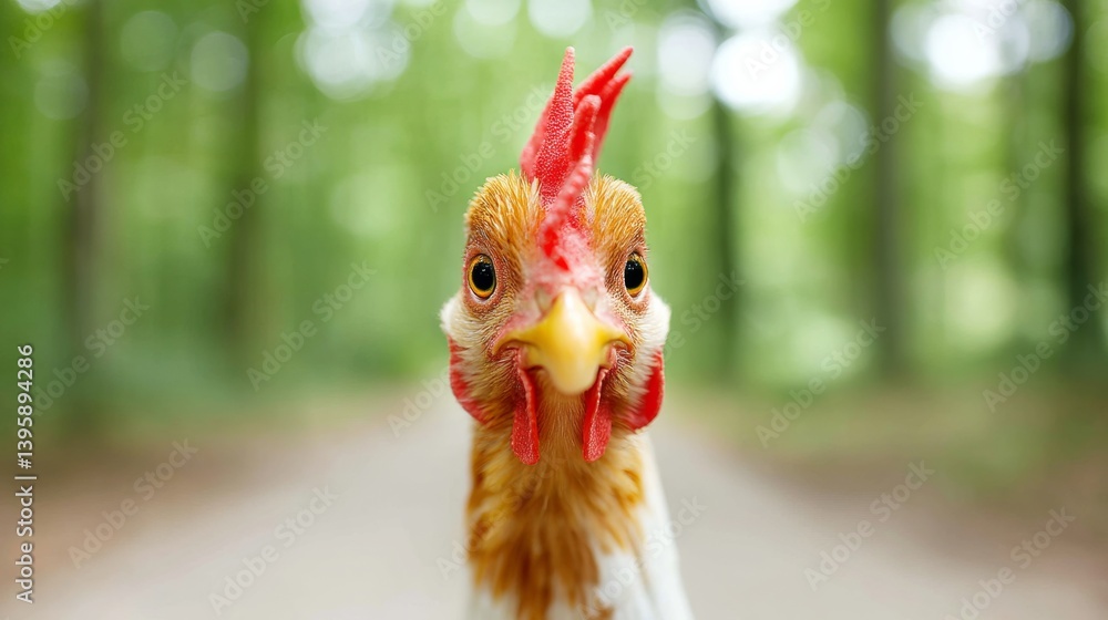 Poster chicken with a red comb and yellow beak is staring at the camera. the image has a playful and lighth