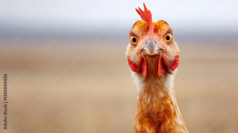 Poster chicken with a red comb and orange feathers is staring at the camera. the image has a playful and hu
