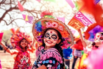 Girl with painted face and flowered hat smiles wide during Day of the Dead celebration, joy fills vibrant streets, joy radiates from colorful traditions, joy captured in cultural moment.