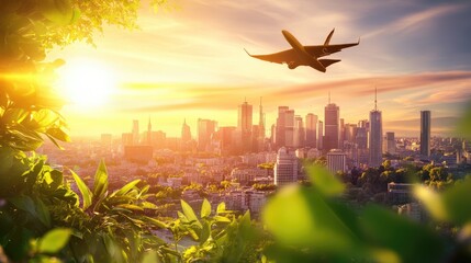 Sunrise flight over a city skyline framed by lush greenery